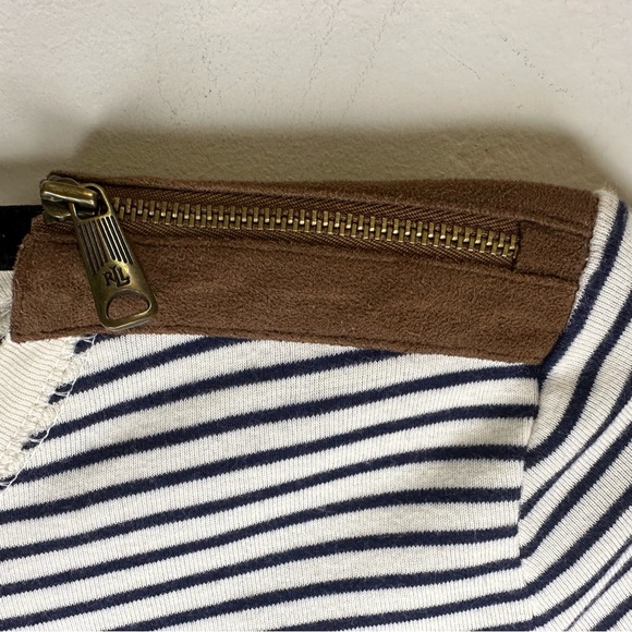 Ralph Lauren Women’s Top Shirt Sz M Striped Faux Suede Elbow Patch Zip Shoulder - Picture 6 of 9